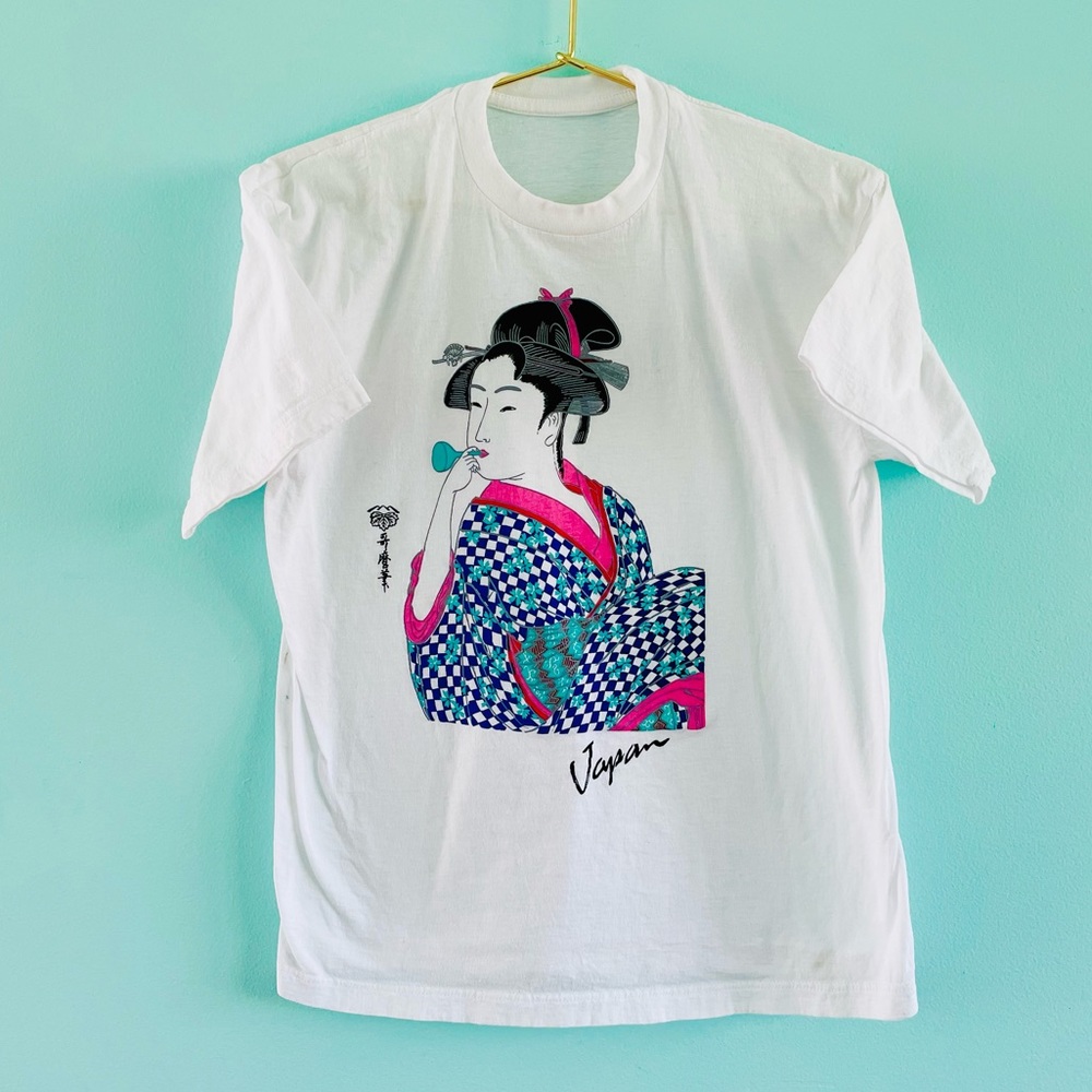 Vintage Japan Geisha Shirt Japanese t-shirt colorblock bright 90s VTG tee